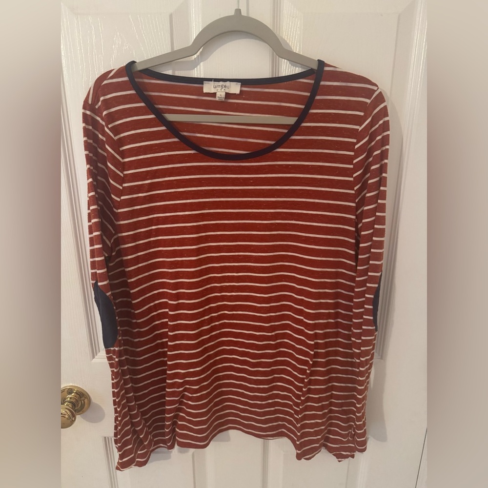 Umgee Rust & White Striped Long Sleeve Top with Navy Trim